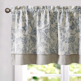 Vangao Farmhouse Linen Valance Curtain for Kitchen Floral Rustic Double Layer Blackout Rod Pocket Window Topper Treatment 18 Inch Blue on Beige