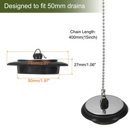 uxcell 3Pcs Drain Stoppers, Rubber Steel Bathtub Stopper Sink Plugs Caps with Hanging Ring and 15.7" Bead Chains for Bathtub Kitchen Bathroom (Black - 2" to 2.9")