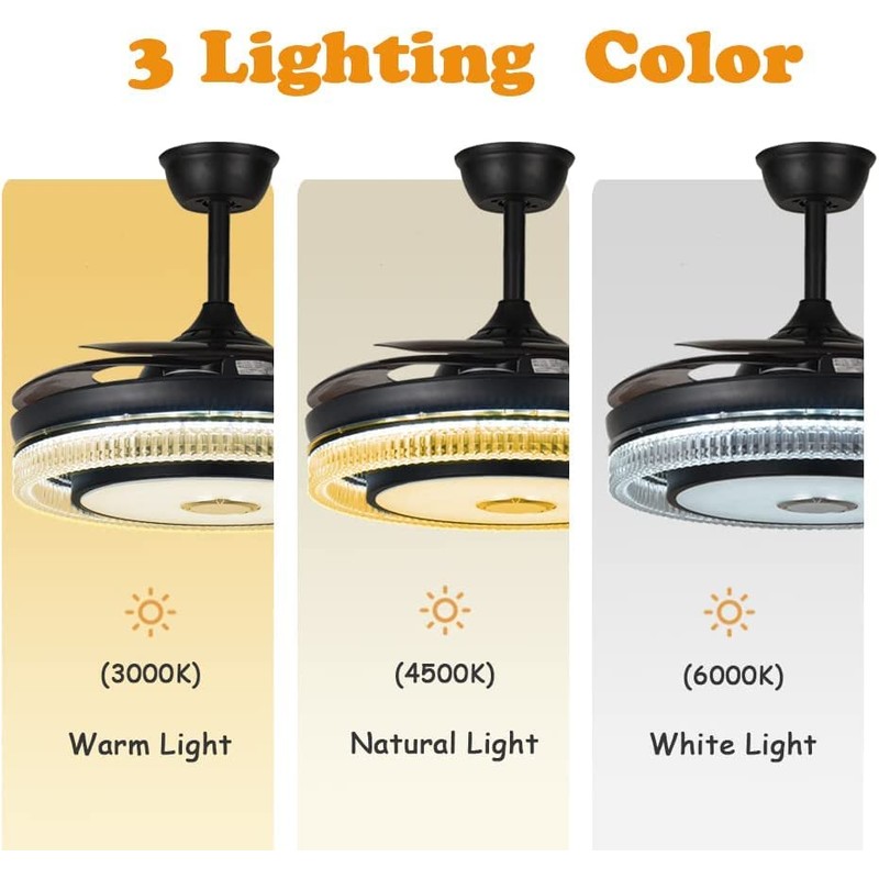 42" Retractable Fandelier Ceiling Fans with Lights Remote Control, Modern
