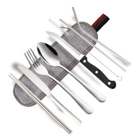 9 Piezas Cubiertos Portatiles, Utensilios Reutilizables de Viaje, Perfectos para Acampar, Escuela y Oficina, Aptos para Lavavajilla