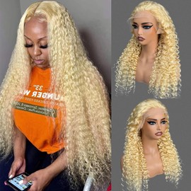 Munx Curly Lace Front Wig Human Hair 13X6 Transparent Deep Wave 180 Density Free Part Blonde Lace Front Wigs Human Hair Pre Plucked with Baby Hair 613 HD Lace Frontal Wig for Women 24 Inch