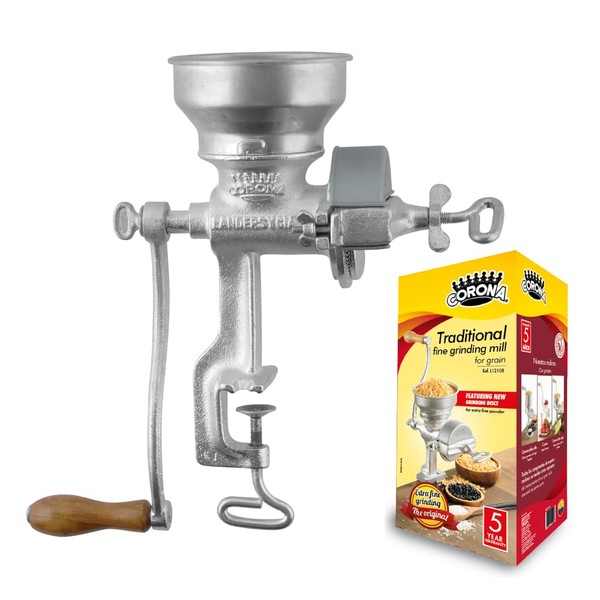 Corona Corn Grinder, Grain Mill, Manual Grinder For Corn, Rice, Soybeans, Pepper, Chickpeas, Cast Iron Wheat Grinder For Domestic Use, Gray, Corona Cast Iron Corn and Grain Mill with Low Hopper