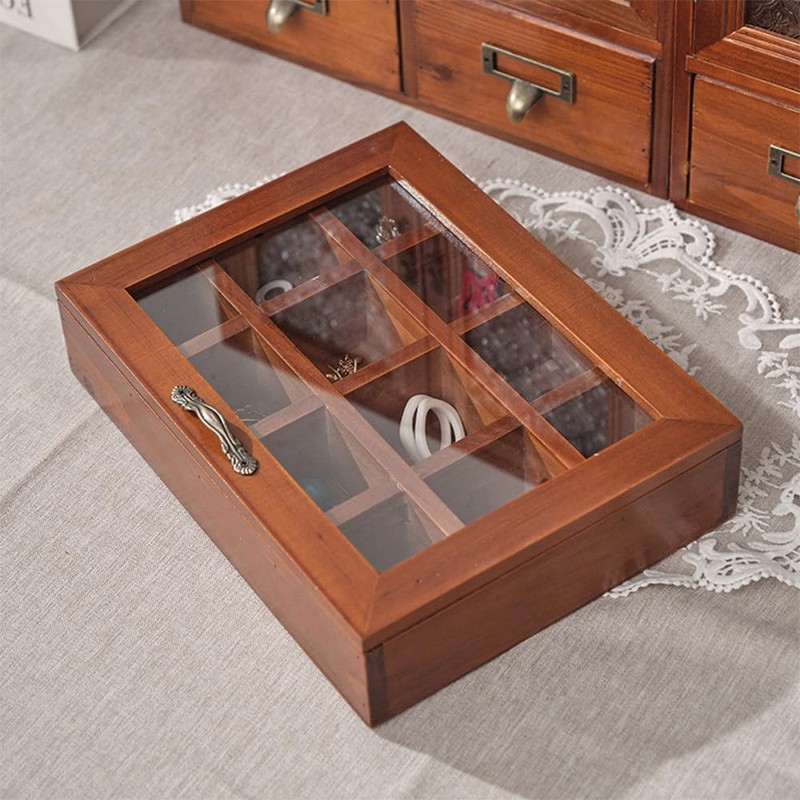 Wooden Tea Bag Storage Box with 12 Compartments, Plexiglass Lid,