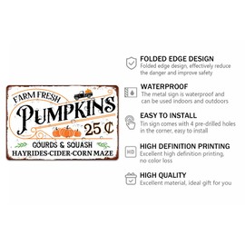 Farm Fresh Pumpkins Gourds Squash Vintage Metal Tin Signs for Pumpkin Fall Patch Outdoor Decor Pumpkin Lover Fall Decor 8x12 Inches