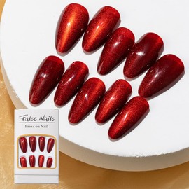 ANDGING Almond Red Press on Nails Short Medium Classy Glue on Nails with Glossy Designs Manicure Pressons Fake Nails Gel Full Cover False Nails for Wedding Fantasy Acrylic Stick on Nails for Women