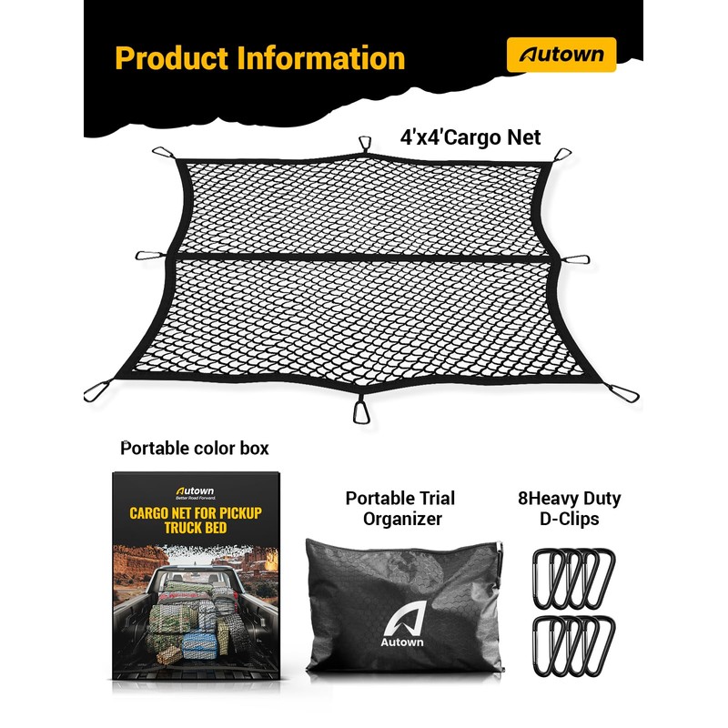 AUTOWN Cargo Net for Pickup Truck Bed - Stretchable 4'x4'