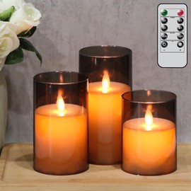 Eldnacele Glass Flameless Candles with Remote and Timer, Battery Operated Moving Wick Candles Unbreakable Plastic Black Flickering LED Pillar Candles Set of 3 Dinner Wedding Holiday Indoor Candles