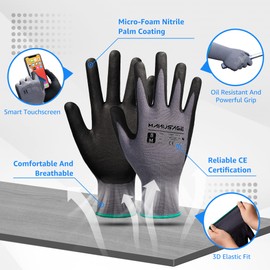 MANUSAGE Safety Work Gloves Microfoam Nitrile Coated, Firm Grip Gloves With Touchscreen Fingers, Machine Washable, Ideal For Garden, Automotive, Xlarge, 6 Pairs, Grey