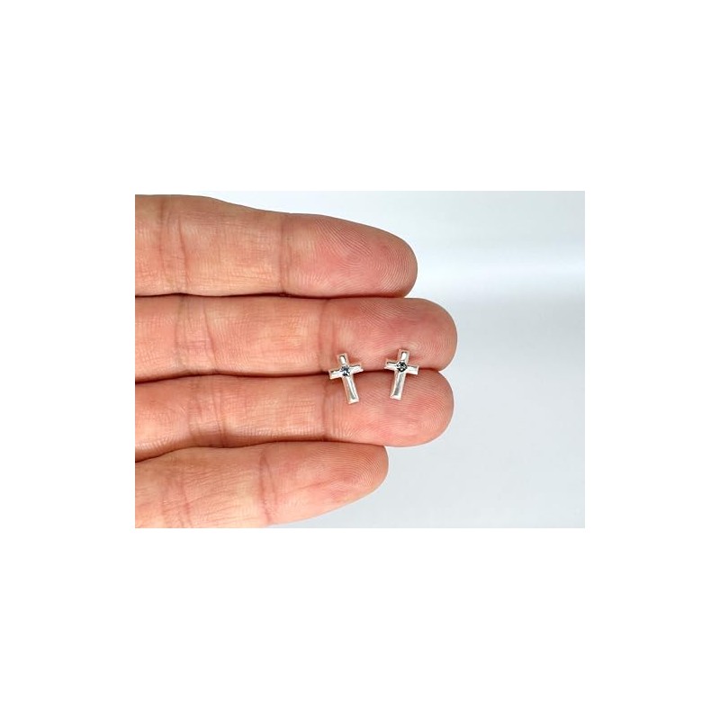 Sterling Silver Small Cross Earrings with a Crystal Stone Plain