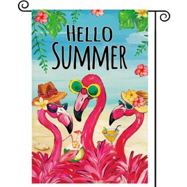Tikeciti Hello Summer Flamingo Welcome Garden Flag 12 x 18 Inch Double Sided, Ocean Beach Tropical Plant Farmhouse Burlap Small Yard Flag Summer Seasonal Holiday Outdoor Outside Decoration