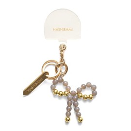 [ハシバミ] キーチェーン リボン天然石 スマホハンドストラップ グレーオニキス FREE