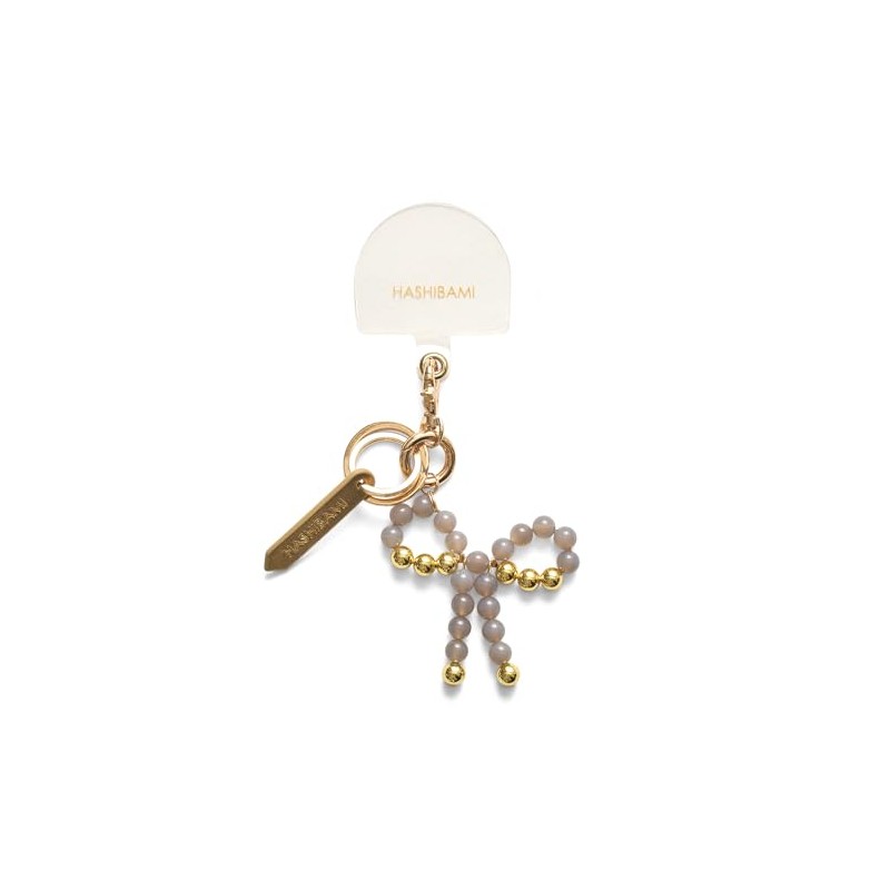 [ハシバミ] キーチェーン リボン天然石 スマホハンドストラップ グレーオニキス FREE