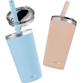 CUPKIN Toddler Tumblers, The Original 12 oz Stackable Stainless Steel Cups, Set of 2 Powder Coated Insulated Kids Water Bottle Alternative & BPA Free Lids + Reusable Silicone Straws (Peach + Teal)