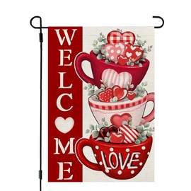 CROWNED BEAUTY Valentines Day Garden Flag 12x18 Inch Double Sided for Outside Small Welcome Burlap Red Hearts Eucalyptus Holiday Yard Decoration