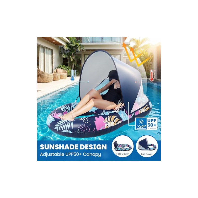 Inflatable Pool Floats with UPF50+ Canopy-Removable-120° Adjustable, Large Pool Beach