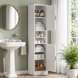 67" H Tall Bathroom Storage Cabinet with 2 Barn Doors and 6 Shelves, Narrow Storage Cabinet with Sturdy Base & Adjustable Shelves for Small Space, Floor Cabinet for Bathroom, Kitchen, White
