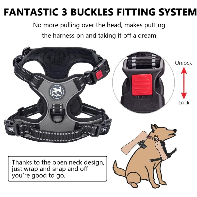 PoyPet No Pull Dog Harness with Neck Release Buckle, Reflective
