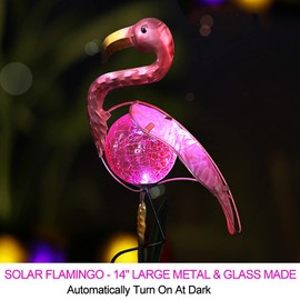 Bright Zeal 14" Big Metal Outdoor Solar Lights Waterproof Flamingo Garden LED Stake Light - Solar Pink Flamingos Yard Ornaments - Stake Lights Yard Decor Metal Yard Art