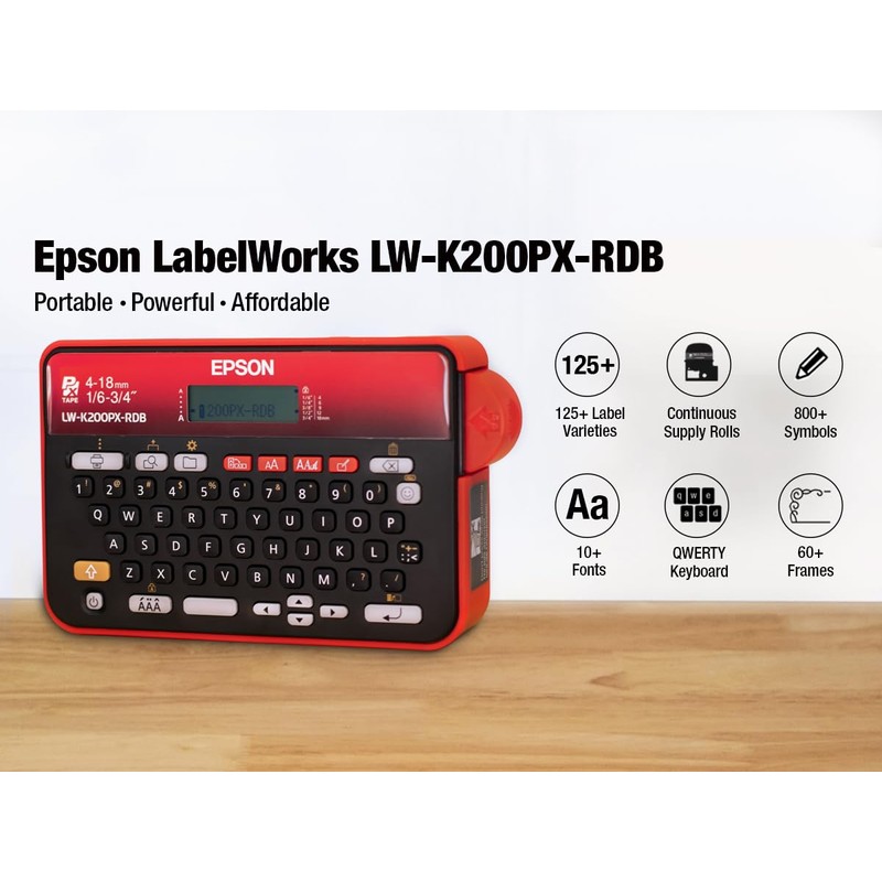 LABELWORKS Epson LW-K200PX-RDB Portable QWERTY Keyboard Label Maker for Home