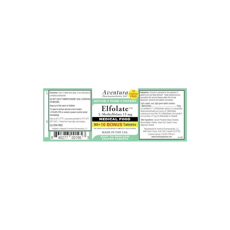 ELFOLATE® 15mg Bonus Pack 100 Tablets L-Methylfolate Methyl Folate Methylfolate