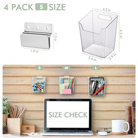 Clear Slatwall Bins, Large 4 Pack Slat Wall Accessories Cups Hooks Assemble Set Fit Most Slat Board Storage Systems Transparent Display Hanging Holder Organizers for Garage Shed Office Craft Tool