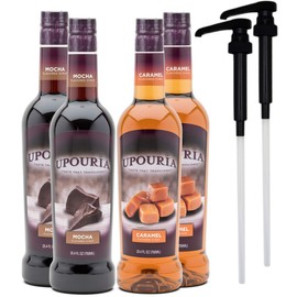Upouria Coffee Syrup Variety Pack, 2 of each - Caramel and Mocha, 100% Vegan, Gluten-Free, 750ml Bottles (Pack of 4) with 2 Syrup Pumps