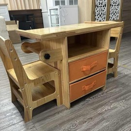 Timechee Kids Table and Chair Set 3 in 1 Wooden Toddler Table with Storage, Children's Pine Wood Drawing Reading Desk, with Drawers & Storage Baskets, Natural