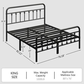 zunatu King Size Metal Platform Bed Frame/Victorian Style Headboard and Footboard/Steel Slat Support/Easy Assembly/No Box Spring Needed/Underbed Storage/Noise Free/Black