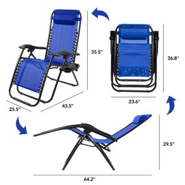 Elevon Zero Gravity Chair Set of 2 with Cup Holder & Removable Pillows, Adjustable Reclining Outdoor Patio Folding Chairs Portable Lounge Chair Furniture for Poolside, Lawn, Beach, Camping, Blue