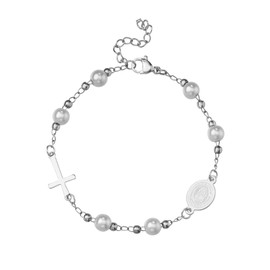 Manfnee Virgin Mary Cross Bracelets Religious Rosary Beads Bracelet Guadalupe Link Bracelet for Women, Stainless Steel Polyester, No gemstone