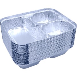 Sunrise Packaging 3 Compartment Food Container w/Lids [226 x 182 x 36 mm] Food-Safe Take Away Pans, Freezer/Oven-Safe, Catering Aluminium Foil Containers, 50