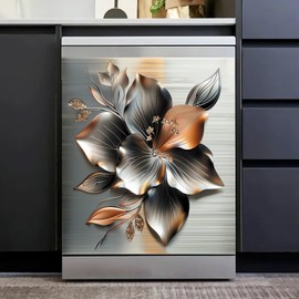 Stainless Steel Dishwasher Magnet Cover, 23' x 26' Brushed Silver Floral Magnetic Dishwasher Door Panel Decal, Reusable Appliance Cover