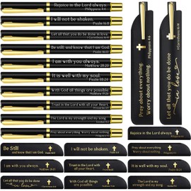 Spakon 15 Sets Father's Day Christian Gifts Bulk for Church Bible Verse Ballpoint Pens with Religious Leather Pen Holder Sleeve for Fathers Dad Pastors Appreciation Sunday School Gifts (Black)
