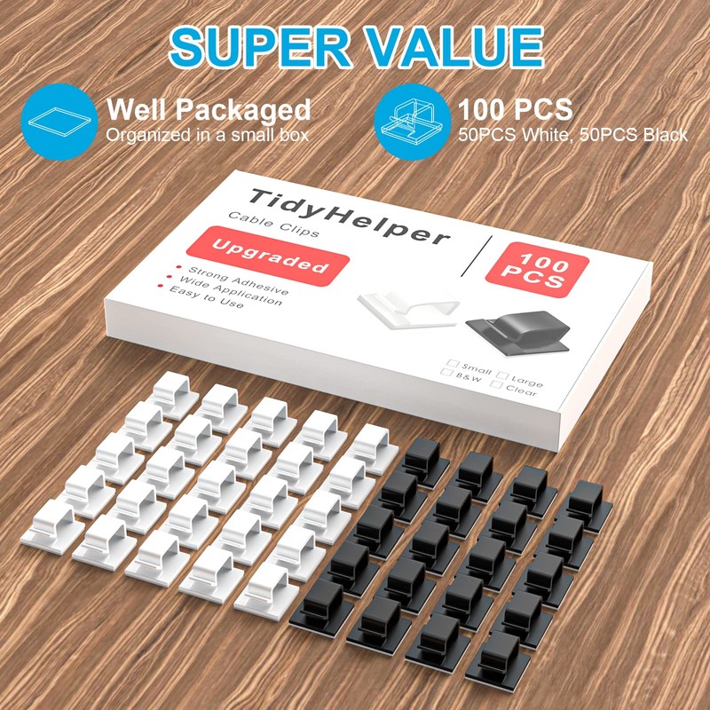 100 PCS Adhesive Cable Clips (Small, White&Black), Upgraded Wall Wire