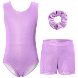 TUONROAD 3 Piece Purple Leotards for Girls Gymnastics with Shorts Sparkly Ballet Dance Outfits Set Big Girl's Activewear Kids Athletic Psychedelic Sporty One Piece Gymnastics Suit, 6-7 Year Old