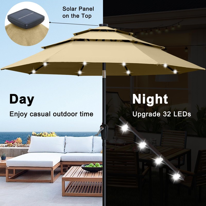 ABCCANOPY 3-Tiers 9FT Solar Patio Umbrella, Outdoor Umbrella with 32