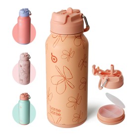 BOTTLE BOTTLE 32oz Insulated Water Bottle Stainless Steel Sport Water Bottle with Straw Dual-use Lid Design for Gym with Pill Box (yellow flower)
