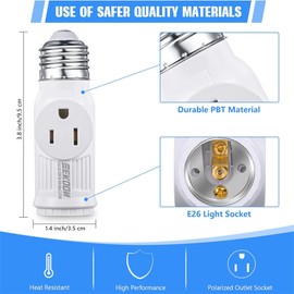 Feekoon 4 Pcs 3 Prong Light Socket Adapter, E26 Light Bulb Outlet Adapter, Polarized Light Socket to Plug Adapter, Light Bulb to 2/3 Prong Outlet Plug Splitter Converter for Garage Porch (White)