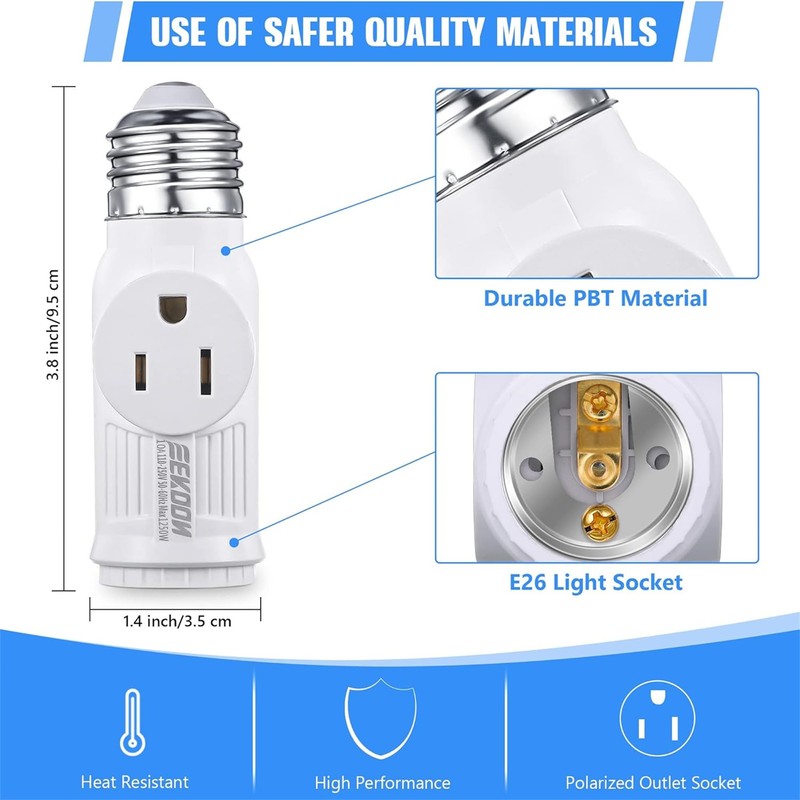 Feekoon 4 Pcs 3 Prong Light Socket Adapter, E26 Light