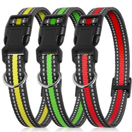 PetJoy 3-Pack Dog Collar - Quick-Release Buckle & D-Rings - Reflective Multi-Color (R/Y/G) - Adjustable 8-27" for Most E-Collars - Durable Waterproof Nylon
