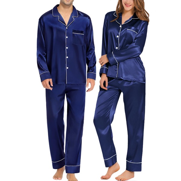 SWOMOG Couples Matching Pajamas Sets Silk Satin Long Sleeve Pj