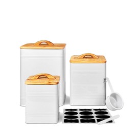vensovo Kitchen Canisters Set of 3 – White Airtight Metal Food Storage Jars with Bamboo Lids – Farmhouse Flour, Sugar, Coffee Canisters for Kitchen Countertop & Pantry