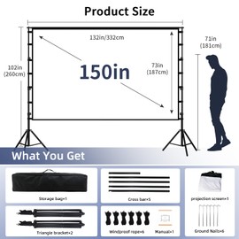 Projector Screen with Stand, Wootfairy 150 inch Portable and Foldable Projection Screen 4K HD 16:9 Rear Front Wrinkle-Free Movie Screen with Carry Bag for Indoor Outdoor Home Theater Backyard Cinema