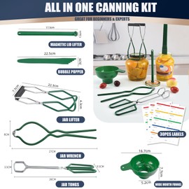 Food Mill Stainless Steel With 3 Grinding Discs and Complete Canning Supplies Starter Kit of 8-Includes Tongs, Jar Lifter, Wrench, Lid Lifter, measurer,Funnel,Labels,Multifunctional Spoon(BX-OG-GR)