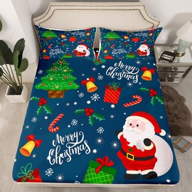 Erosebridal Kids Christmas Twin Bed Sheets Set Christmas Themed Sheet Set for Boys Girls Merry Christmas Fitted Sheet 3 Piece Santa Claus Christmas Decor Flat Sheet Happy New Year Gifts Xmas Sheets
