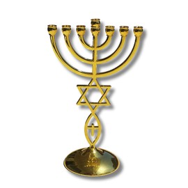 3 Arches USA 7 Branch Menorah - Jerusalem Temple Messianic Menorah, Gold & Silver Plated, 8.5" Tall - Messianic Symbol Home Decor with Star of David & Ichthys (Gold)