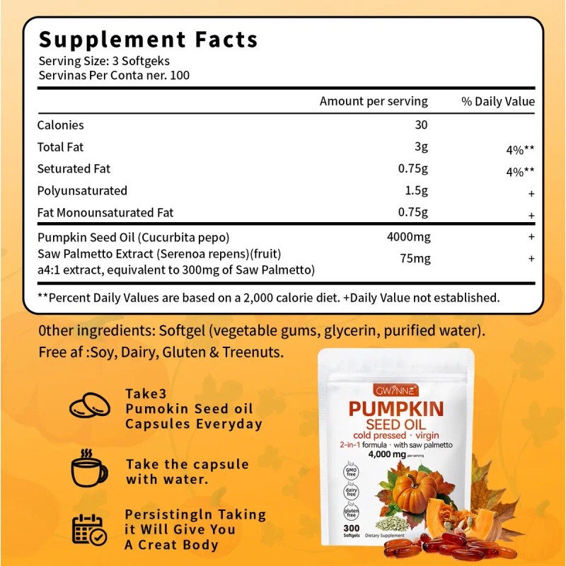 Gwynne Cápsulas Aceite Semilla Calabaza 4000mg Cold Pressed Pure Virgin