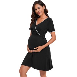 Leversic Womens Maternity Nightgown Short Sleeves Cotton Breastfeeding Nightdress ladies V-Neck Maternity Nightdress Labour gown for Hospital Postpartum Pajamas(Black,S)