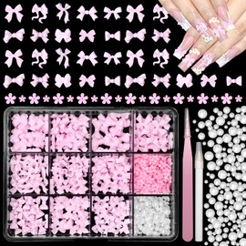 Pink Color Bow Nail Charms Kit, 3D Bows Bow Tie Nail Art Charm Flowers Resin Nails Charms Flatback White Pearls, Mixed Bows Bowknots Charm for Acrylic Nails Art DIY Accessories