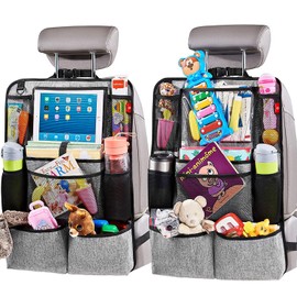 Helteko Backseat Car Organizer, Kick Mats Back Seat Protector with Touch Screen Tablet Holder, Organizer for Kids, Travel Accessories, Mat 9 Storage Pockets 2 Pack